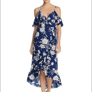 AQUA Floral Cold-Shoulder Ruffle Faux Wrap Dress